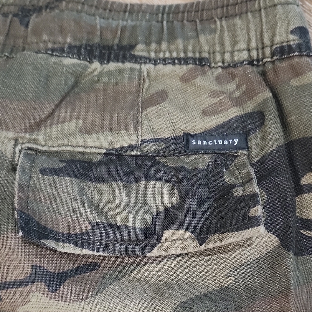 Sanctuary x Anthropologie 100% Linen Green Camo Cropped Ankle Pants Gorpcore Sm - Picture 11 of 12